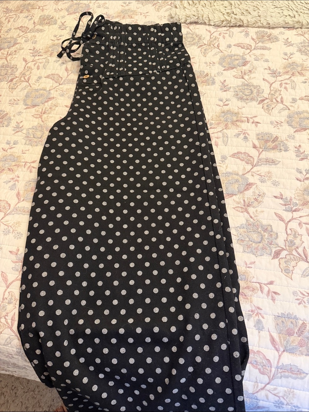JODIFL Polka Dot Drawstring Wide Leg Denim Pants - Black/White